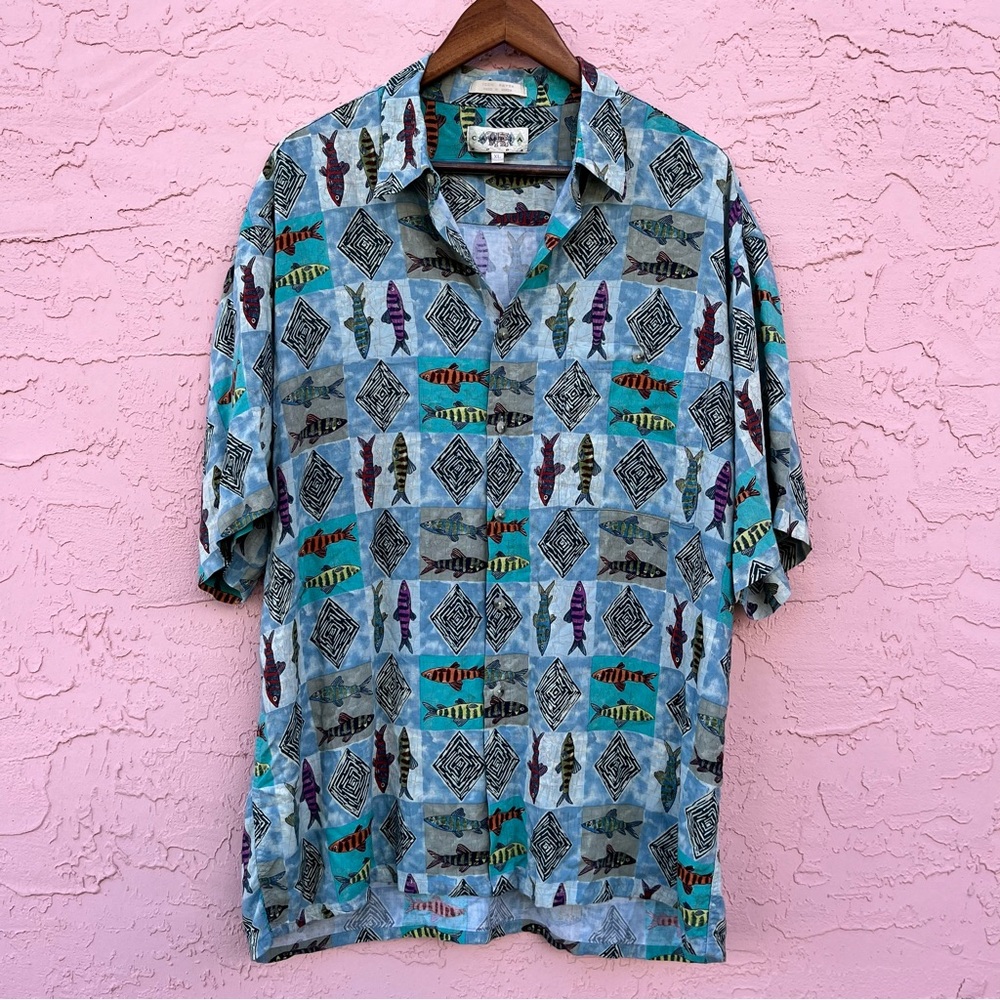 Vintage Campia Button Up Shirt Rayon Fish Beach Size XL